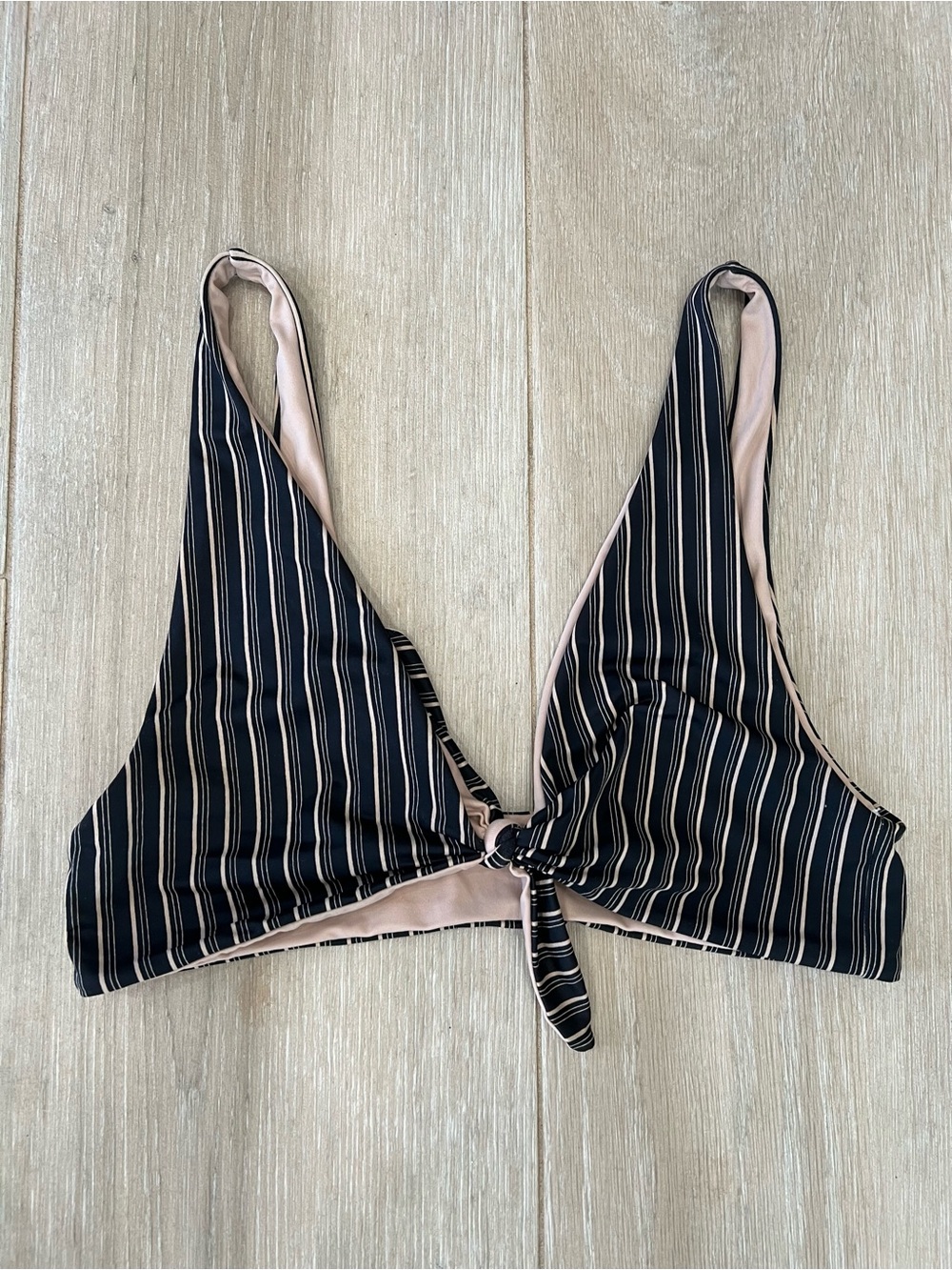 Striped Black & Beige Tie-Front Bikini Top